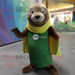 Olive Sea Lion mascot costume character dressed with a Sweater and Headbands