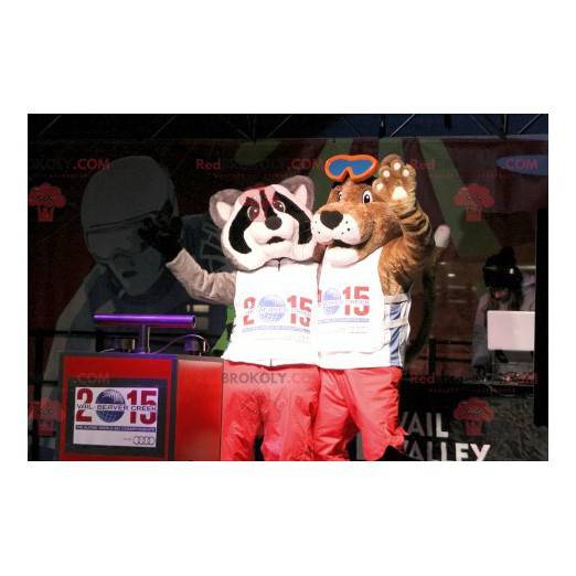 2 mascots a brown dog and a tricolor raccoon - Redbrokoly.com