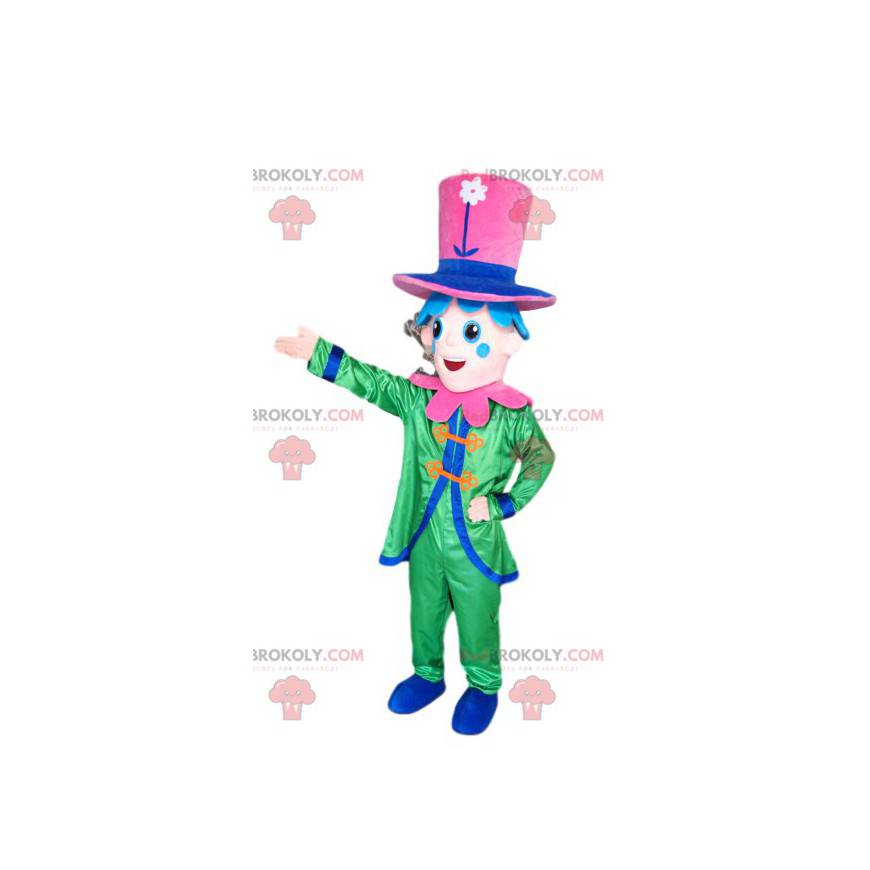 Mascote sorridente com um traje verde e um chapéu rosa -
