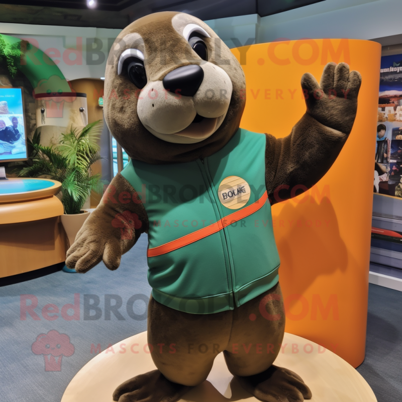 Olive Sea Lion mascot costume character dressed with a Sweater and Headbands