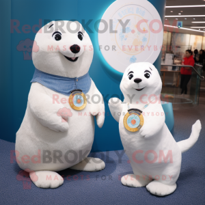 White Seal mascot costume character dressed with a Mom Jeans and Coin purses