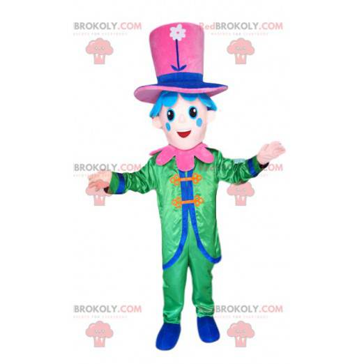 Smiling character mascot with a green costume and a pink hat -