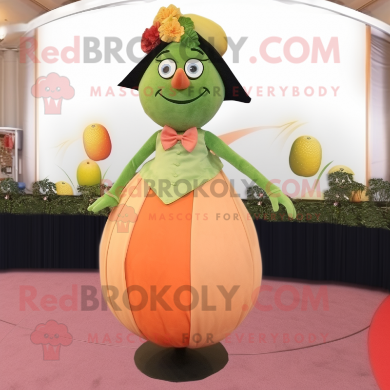 Olive Grapefruit mascot costume character dressed with a Ball Gown and Tie pins