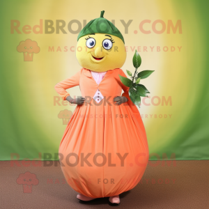 Olive Grapefruit mascot costume character dressed with a Ball Gown and Tie pins