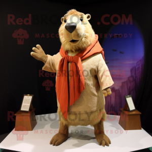 Tan Capybara mascot costume character dressed with a Cardigan and Shawls