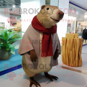 Tan Capybara mascot costume character dressed with a Cardigan and Shawls