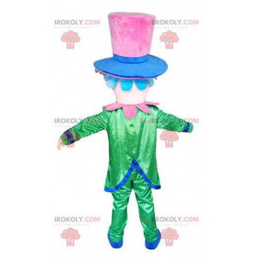 Smiling character mascot with a green costume and a pink hat -