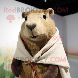 Tan Capybara mascot costume character dressed with a Cardigan and Shawls