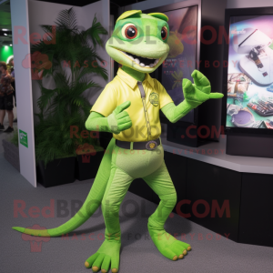 Lime Green Lizard mascot costume character dressed with a Polo Shirt and Bracelets