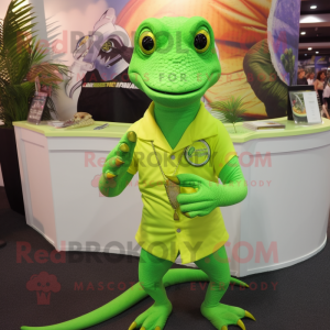 Lime Green Lizard mascot costume character dressed with a Polo Shirt and Bracelets
