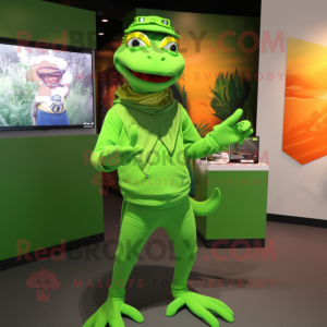 Lime Green Lizard mascot costume character dressed with a Polo Shirt and Bracelets