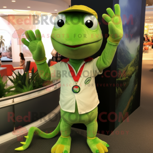 Lime Green Lizard mascot costume character dressed with a Polo Shirt and Bracelets