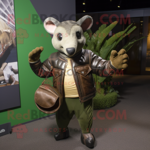 Olive Armadillo mascot costume character dressed with a Leather Jacket and Clutch bags