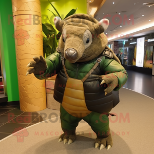 Olive Armadillo mascot costume character dressed with a Leather Jacket and Clutch bags