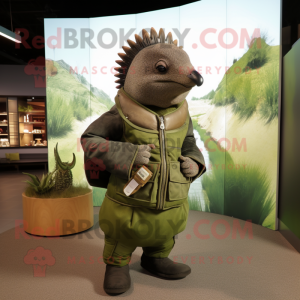 Olive Armadillo mascot costume character dressed with a Leather Jacket and Clutch bags