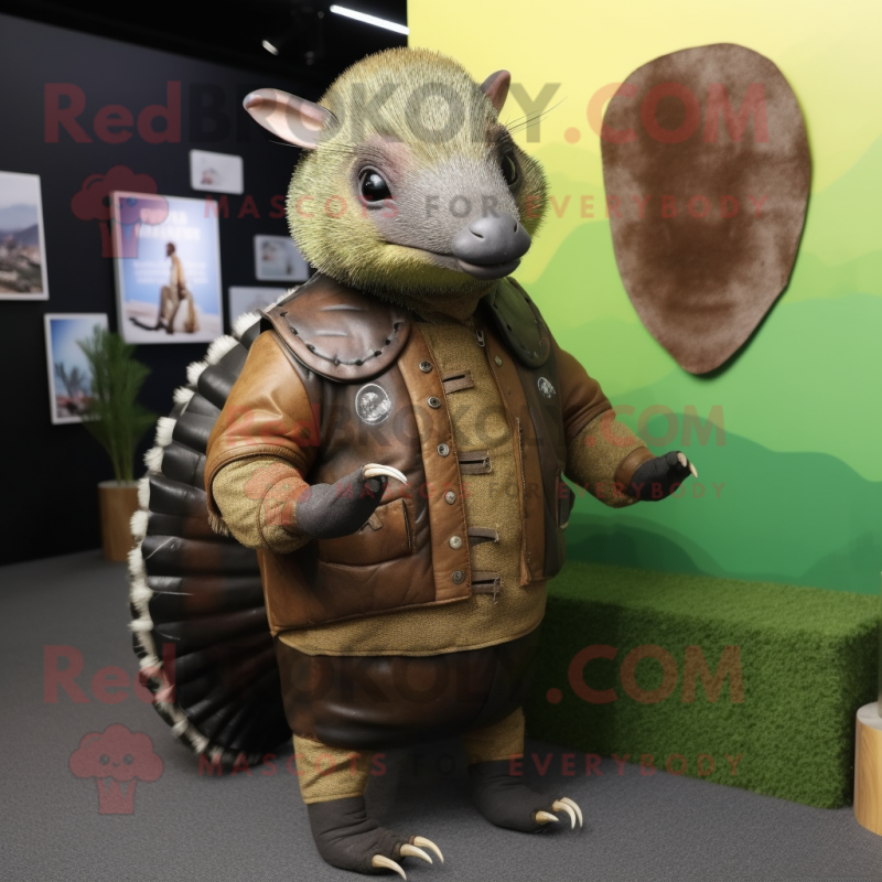 Olive Armadillo mascot costume character dressed with a Leather Jacket and Clutch bags