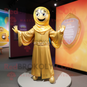 Gold Pho mascot costume character dressed with a Jacket and Shawls