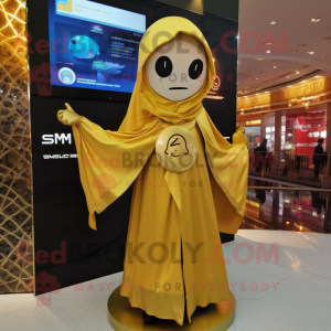Gold Pho mascot costume character dressed with a Jacket and Shawls