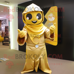 Gold Pho mascot costume character dressed with a Jacket and Shawls