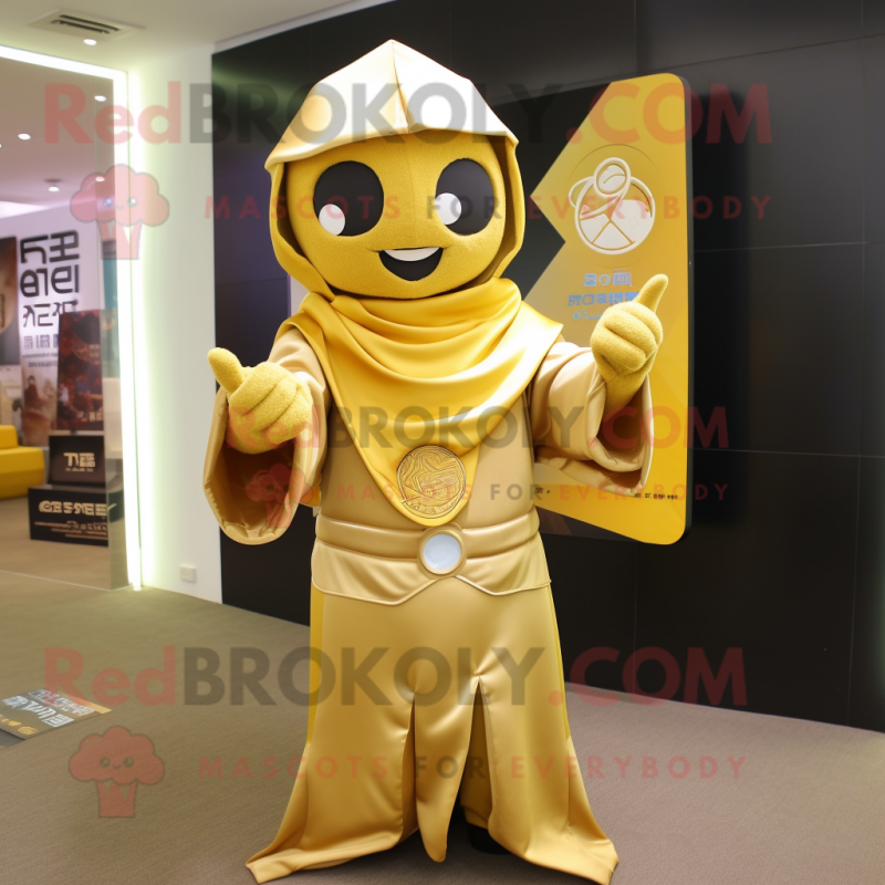 Gold Pho mascot costume character dressed with a Jacket and Shawls Gold Pho mascot costume character dressed with a Jacket and Shawls
