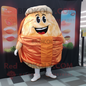 Peach Beef Wellington mascot costume character dressed with a Dress Shirt and Wraps