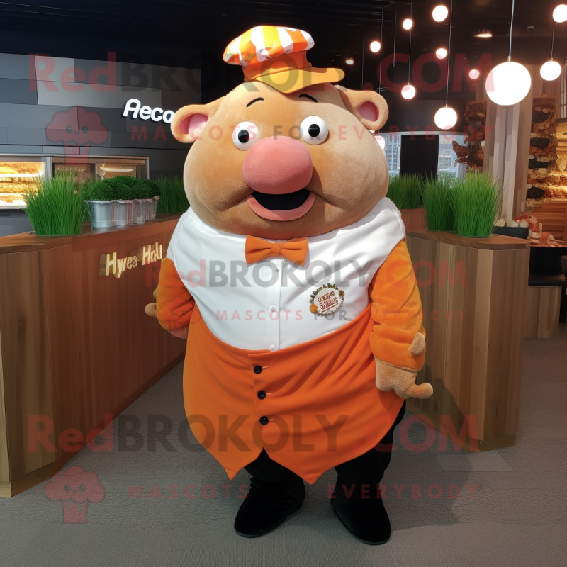 Peach Beef Wellington mascot costume character dressed with a Dress Shirt and Wraps