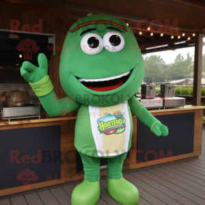 Green Bbq Ribs mascot costume character dressed with a Henley Shirt and Bracelets