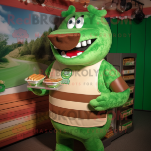 Green Bbq Ribs mascot costume character dressed with a Henley Shirt and Bracelets