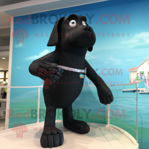 Black Dog mascot costume character dressed with a One-Piece Swimsuit and Foot pads