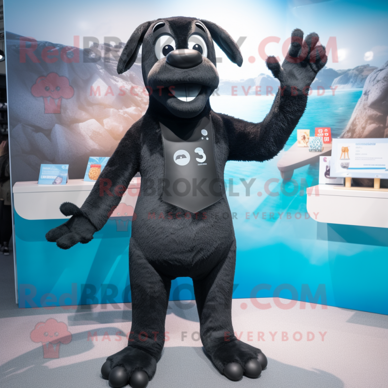 Black Dog mascot costume character dressed with a One-Piece Swimsuit and Foot pads
