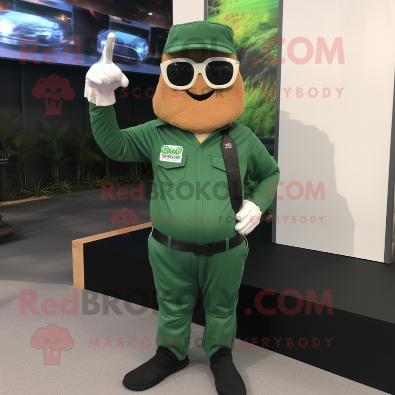 Forest Green Chief mascot costume character dressed with a Overalls and Sunglasses