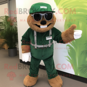 Forest Green Chief mascot costume character dressed with a Overalls and Sunglasses