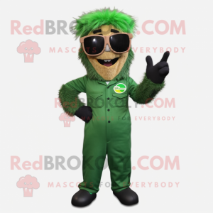 Forest Green Chief mascot costume character dressed with a Overalls and Sunglasses