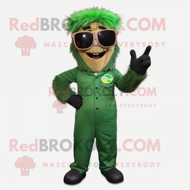 Forest Green Chief mascot costume character dressed with a Overalls and Sunglasses Forest Green Chief mascot costume character dressed with a Overalls and Sunglasses