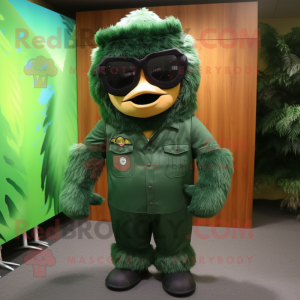 Forest Green Chief mascot costume character dressed with a Overalls and Sunglasses