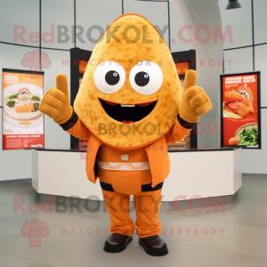 Orange Tacos mascot costume character dressed with a Overalls and Gloves