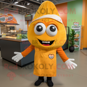 Orange Tacos mascot costume character dressed with a Overalls and Gloves