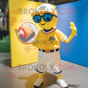 Yellow Plate Spinner mascot costume character dressed with a Baseball Tee and Sunglasses