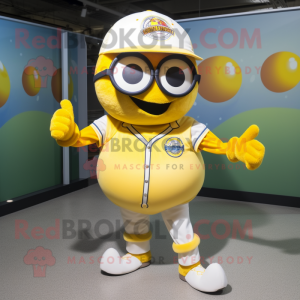 Yellow Plate Spinner mascot costume character dressed with a Baseball Tee and Sunglasses