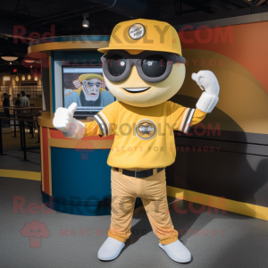 Yellow Plate Spinner mascot costume character dressed with a Baseball Tee and Sunglasses