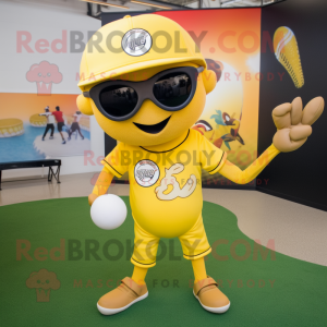 Yellow Plate Spinner mascot costume character dressed with a Baseball Tee and Sunglasses