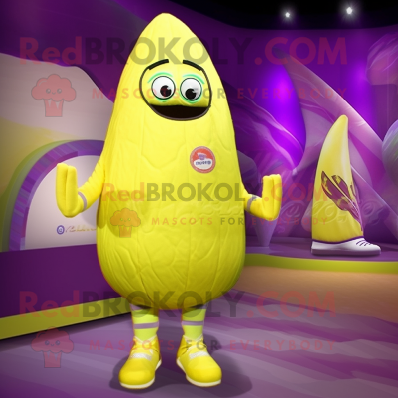 Lemon Yellow Eggplant mascot costume character dressed with a Swimwear and Foot pads