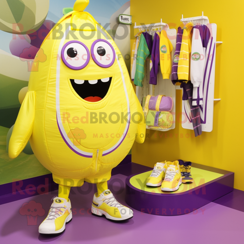 Lemon Yellow Eggplant mascot costume character dressed with a Swimwear and Foot pads