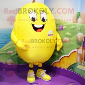 Lemon Yellow Eggplant mascot costume character dressed with a Swimwear and Foot pads