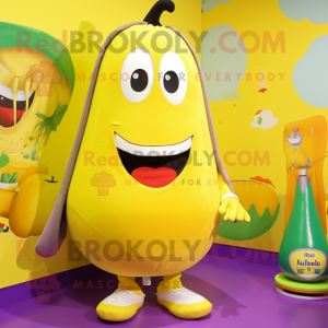 Lemon Yellow Eggplant mascot costume character dressed with a Swimwear and Foot pads