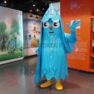 Cyan Shakshuka mascot costume character dressed with a Raincoat and Headbands