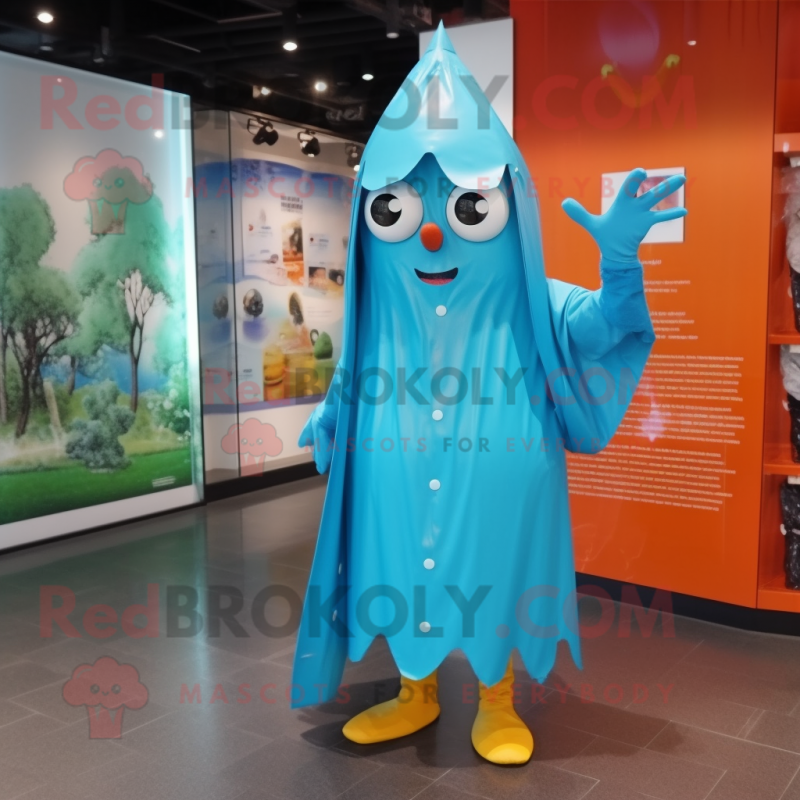 Cyan Shakshuka mascot costume character dressed with a Raincoat and Headbands Cyan Shakshuka mascot costume character dressed with a Raincoat and Headbands