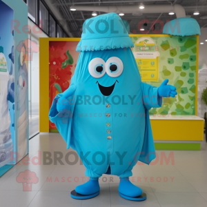 Cyan Shakshuka mascot costume character dressed with a Raincoat and Headbands