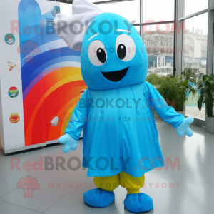 Cyan Shakshuka mascot costume character dressed with a Raincoat and Headbands