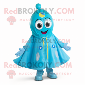 Cyan Shakshuka mascot costume character dressed with a Raincoat and Headbands